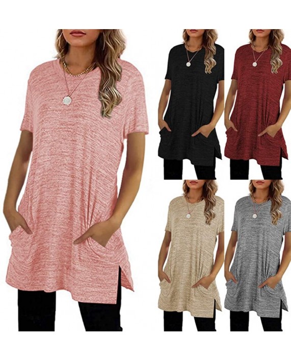 Womens Casual Short Sleeve Round Neck T Shirt Loose Side Split Tees Tunics Tops Blouses with Pockets at Women’s Clothing store