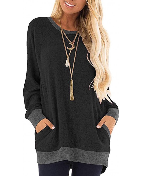 Womens Color Block Long Sleeve Shirt Round Neck Pocket Pullover Casual Tunic Sweatshirts Tops at Women’s Clothing store