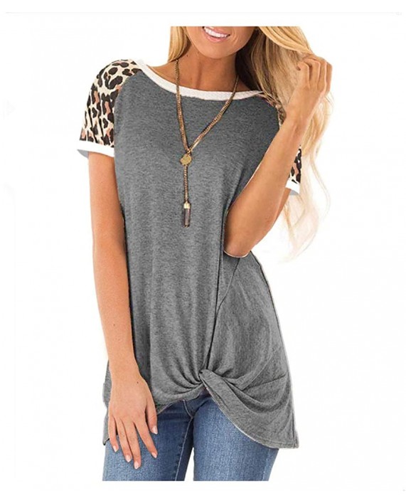 Women's Leopard Color Block Cute Twist Knot Tunic Comfy Stripe Round Neck Casual Short Sleeve T Shirt Blouses Tops at Women’s Clothing store