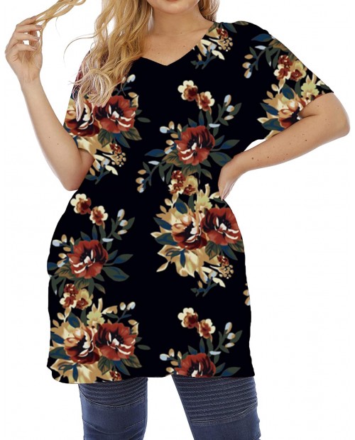 Womens Plus Size Tunic Tops Floral Print V Neck Short Sleeve Casual Summer Long Shirts at  Women’s Clothing store
