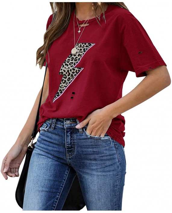 Womens Ripped Leopard Lightning Graphic T-Shirt Tunic Summer Short Sleeve Crewneck Casual Shirt Tops