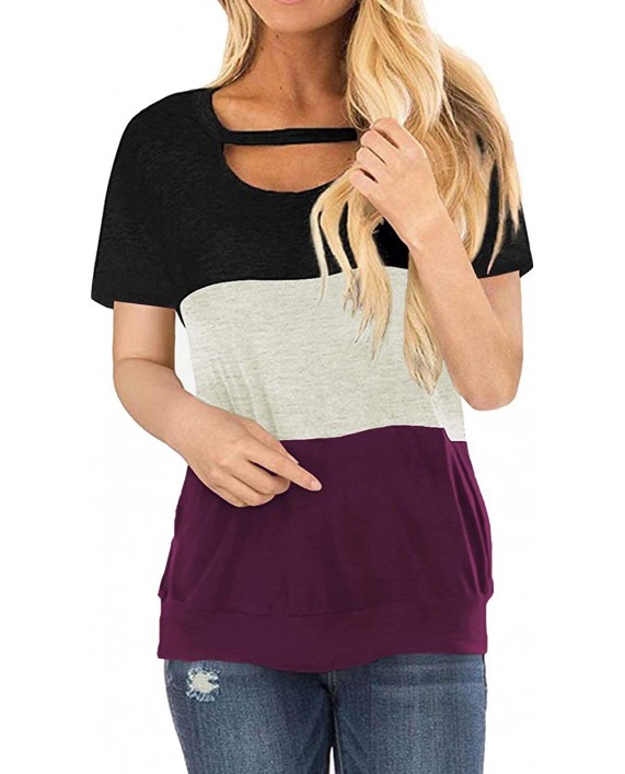 Women's Shirts Color Block Chest Cutout Tunics Short Sleeve Scoop Neck Blouse Casual Loose Fit Sweatshirt Tops at Women’s Clothing store