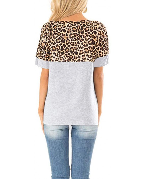 Women's Short Sleeve Front Tie Leopard Print Color Block T Shirt Crewneck Knot Casual Tunic Blouse Top