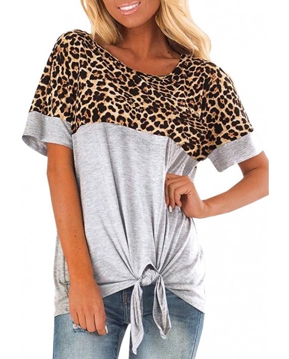 Women's Short Sleeve Front Tie Leopard Print Color Block T Shirt Crewneck Knot Casual Tunic Blouse Top