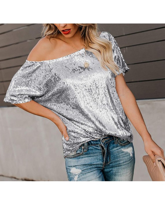 Womens Summer Sequin Tops Boat Neck Glitter Short Sleeve Party Blouse at Women’s Clothing store