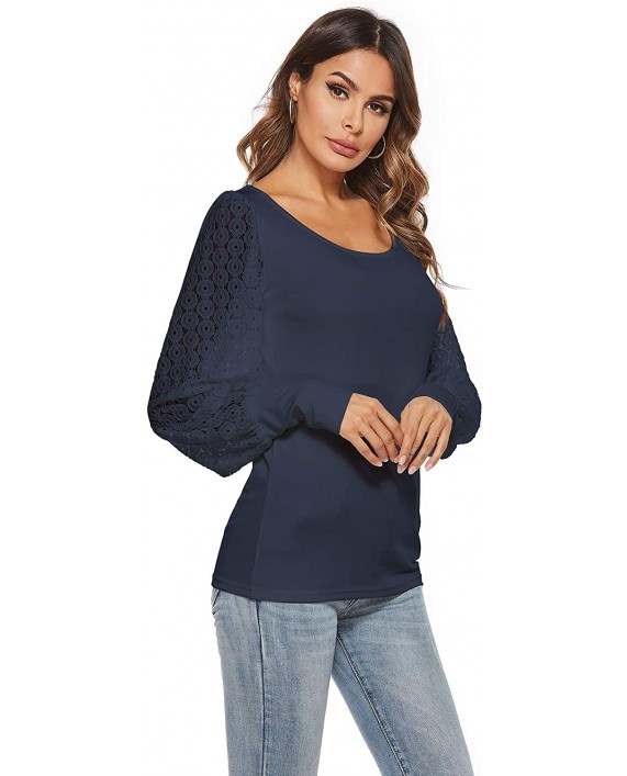 Womens Tops Scoop Neck Long Latern Sleeve Tee Shirt Lace Crochet Party Blouses Casual Ribbed T-Shirts