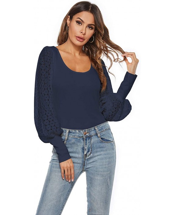 Womens Tops Scoop Neck Long Latern Sleeve Tee Shirt Lace Crochet Party Blouses Casual Ribbed T-Shirts