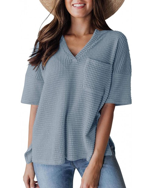 Womens V Neck T Shirts Short Sleeve Waffle Knit Tunic Tops Side Split Casual Loose Fit Tees Tunic Pocket Shirts Blouse at  Women’s Clothing store