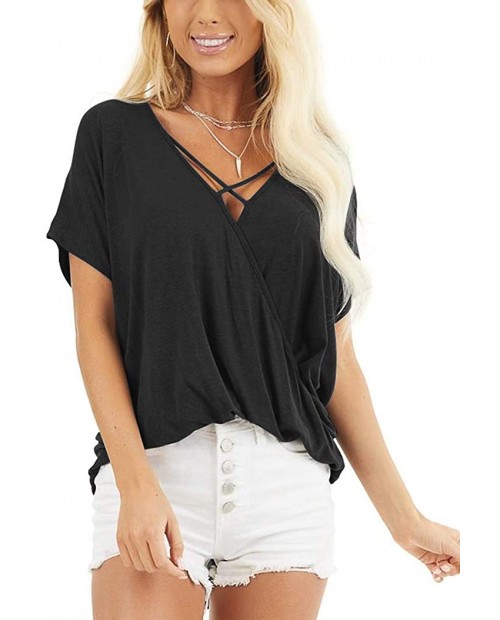 Yuccalley Women's Short Sleeve Wrap Shirts Criss Cross V Neck Tunic Tops at  Women’s Clothing store