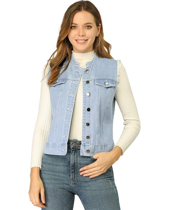 Allegra K Women's Buttoned Cotton Sleeveless Stand Collar Washed Denim Vest Jacket at Women’s Clothing store