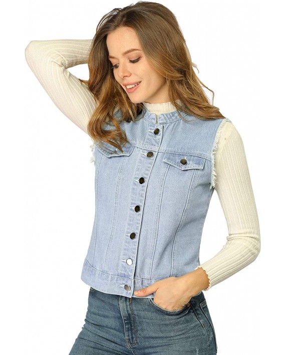Allegra K Women's Buttoned Cotton Sleeveless Stand Collar Washed Denim Vest Jacket at Women’s Clothing store