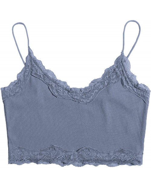 Floerns Women's Elegant Lace Trim V Neck Rib Knit Cute Solid Crop Cami Top at  Women’s Clothing store