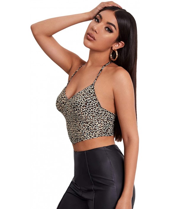 Floerns Women's Leopard Halter Sleeveless Asymmetrical Hem Tie Back Crop Tops at Women’s Clothing store