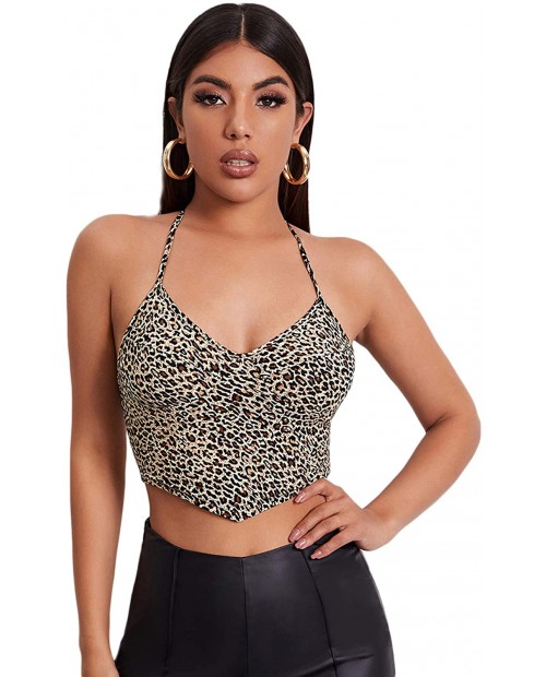 Floerns Women's Leopard Halter Sleeveless Asymmetrical Hem Tie Back Crop Tops at  Women’s Clothing store