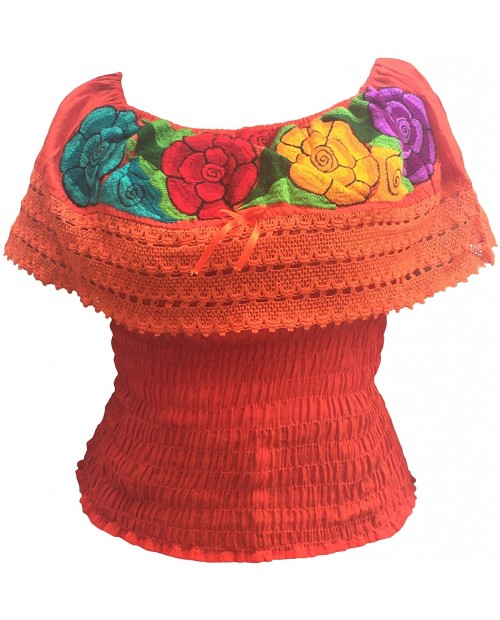 Floral Mexican Peasant Blouse Women's Off Shoulder Embroidery Loose Top belly button with elastic waist Orange One Size at  Women’s Clothing store