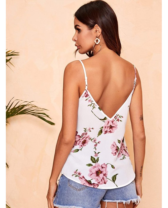 MakeMeChic Women's Floral Print Crop Top Spaghetti Strap V Neck Cami Tank Top White M at Women’s Clothing store