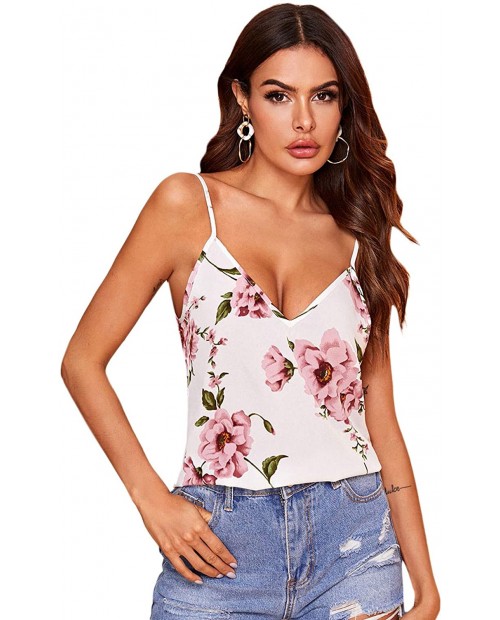 MakeMeChic Women's Floral Print Crop Top Spaghetti Strap V Neck Cami Tank Top White M at  Women’s Clothing store