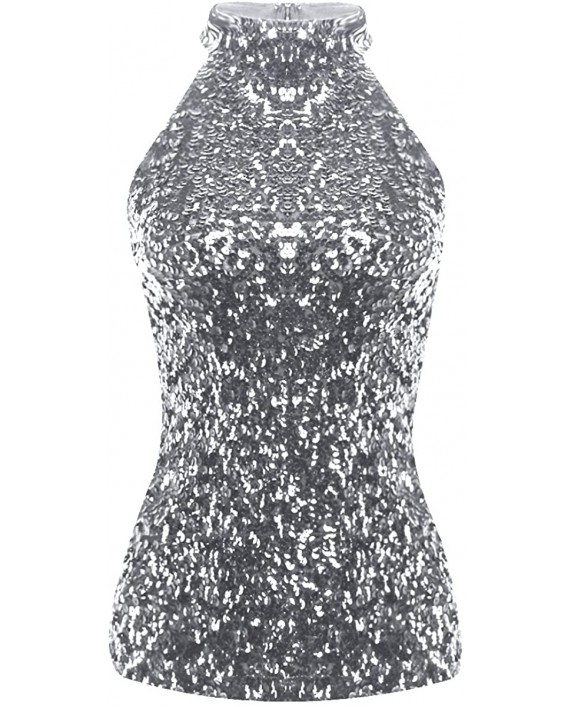 moily Fashion Women's Shiny Sequins Embellished Halter Neck Tank Top Vest Cocktail Parties Shirts Silver One Size at Women’s Clothing store