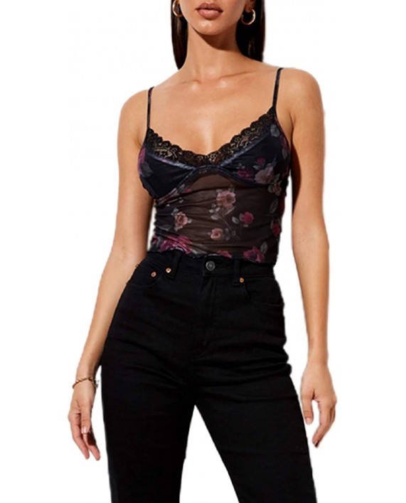 Women Sexy Lace Cami Crop Top Sheer Mesh Tank Tops V Neck Camisole Strap Cropped Shirt at Women’s Clothing store