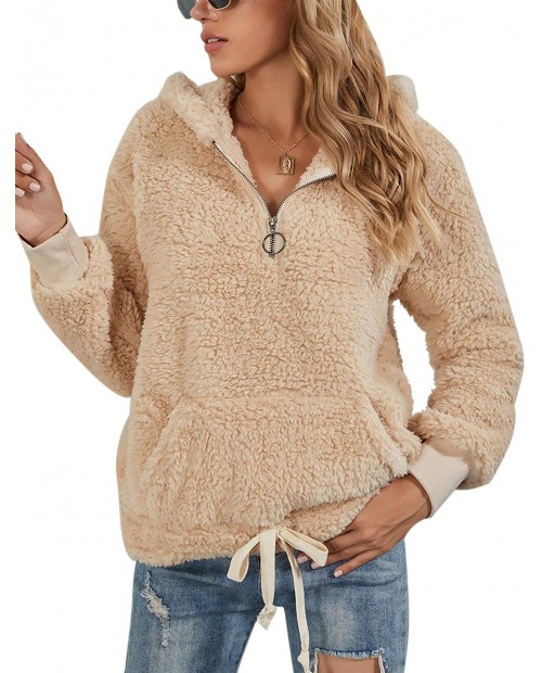 BMJL Women's Sherpa Pullover Fuzzy Sweater Zip Fleece Sweatshirts Hooded Cute Hoodies Outwear at Women’s Clothing store