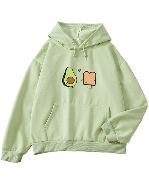 Cartoon Cute Avocado Printed Relaxed Cotton Pullover Hoodie with Pocket