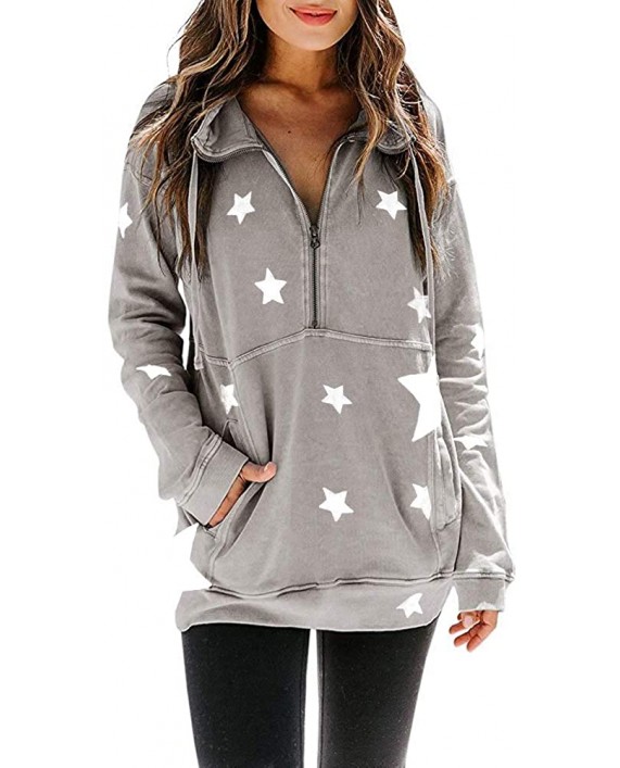 Ermonn Womens Half Zip Up Sweatshirts Star Print Long Sleeve Casual Loose Drawstring Pullover Tops with Pocket at Women’s Clothing store