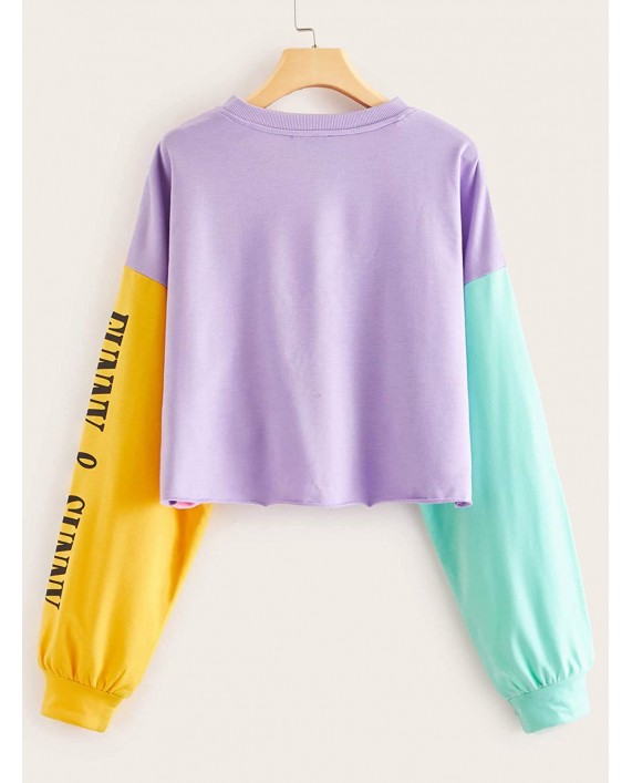 Floerns Women's Colorblock Letter Print Long Sleeve Crop Top Sweatshirt at Women’s Clothing store