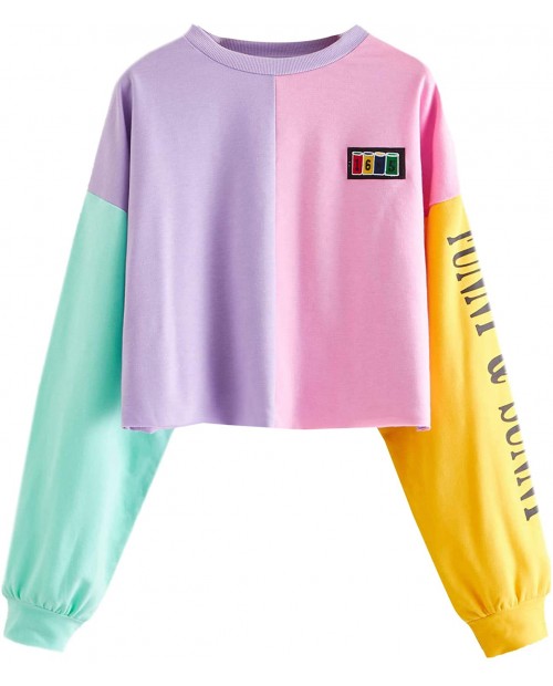 Floerns Women's Colorblock Letter Print Long Sleeve Crop Top Sweatshirt at  Women’s Clothing store