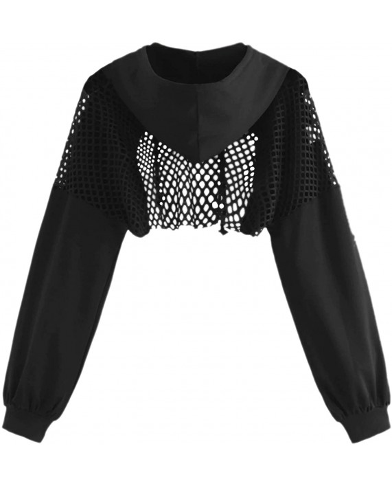 Floerns Women's Mesh Contrast Long Sleeve Pullover Crop Top Hoodie at Women’s Clothing store