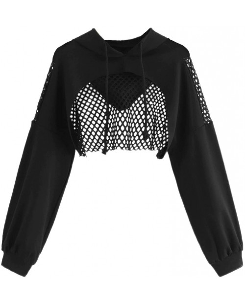 Floerns Women's Mesh Contrast Long Sleeve Pullover Crop Top Hoodie at  Women’s Clothing store