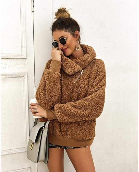 Gets Women's Winter Oblique Lapel Sweatshirt Faux Shearling Shaggy Warm Pullover Zipped Up with Pockets Outerwear at Women’s Clothing store