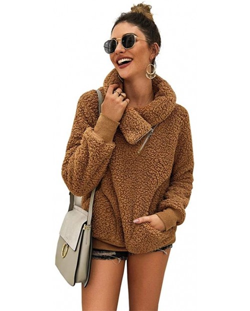 Gets Women's Winter Oblique Lapel Sweatshirt Faux Shearling Shaggy Warm Pullover Zipped Up with Pockets Outerwear at Women’s Clothing store