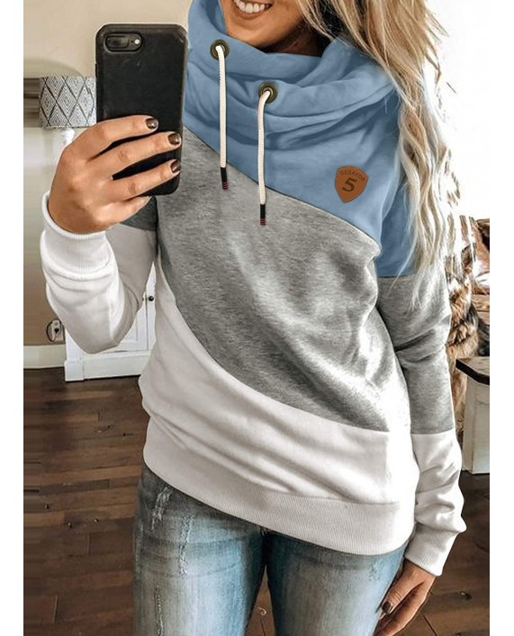 Happy Sailed Womens Cowl Neck Pullover Hoodie Casual Color Block Long Sleeve Drawstring Sweatshirt Jumper Tunic Tops S-2XL at Women’s Clothing store