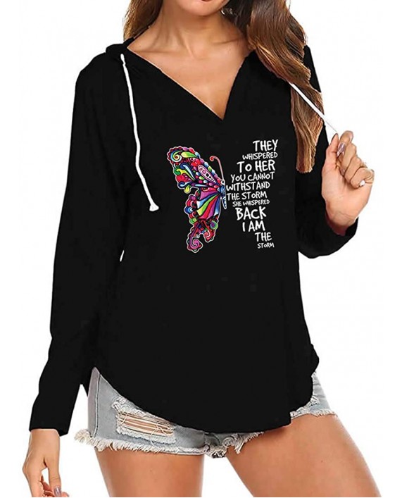 Kawenur Womens Butterfly They Whispered to Her Long Sleeve V Neck Casual Loose Tshirts Hoody Tops at Women’s Clothing store