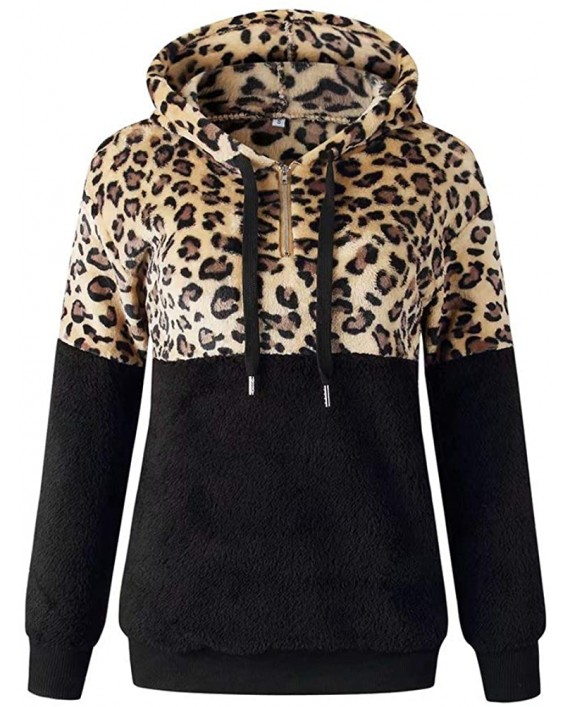 KOOBETON Women's 1 4 Zipper Leopard Long Sleeve Hoodie Sweatshirt with Pockets at Women’s Clothing store