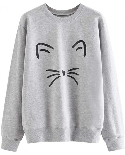 MakeMeChic Women's Cute Graphic Cat Print Casual Long Sleeve Pullover Sweatshirt Tops at Women’s Clothing store