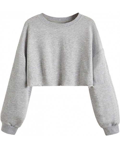 MakeMeChic Women's Solid Long Sleeve Raw Hem Pullover Crop Sweatshirt Tops at  Women’s Clothing store