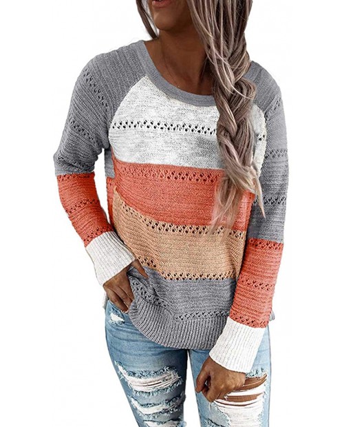 MAYFASEY Women's Color Block Striped Hoodies Sweater Long Sleeve Casual Loose Knitted Pullover Sweatshirt Tops at  Women’s Clothing store