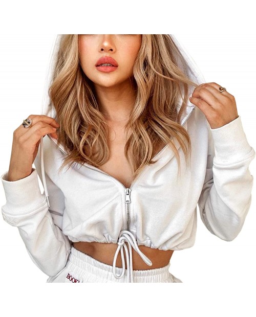 Meladyan Women’s Zip Up Drawstring Hem Crop Hoodie Sexy Slim Fit Long Sleeve Crop Hooded Sweatshirt Top at  Women’s Clothing store