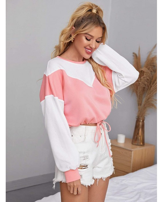 Milumia Women Casual Colorblock Crop Top Drawstring Hem Long Sleeve Sweatshirt at Women’s Clothing store