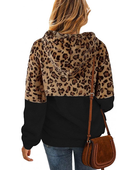 ReachMe Womens Leopard Print Fuzzy Fleece Hooded Sweatshirts 1 4 Zipper Sherpa Pullover Hoodie with Pocket at Women’s Clothing store