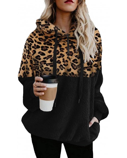ReachMe Womens Leopard Print Fuzzy Fleece Hooded Sweatshirts 1 4 Zipper Sherpa Pullover Hoodie with Pocket at  Women’s Clothing store