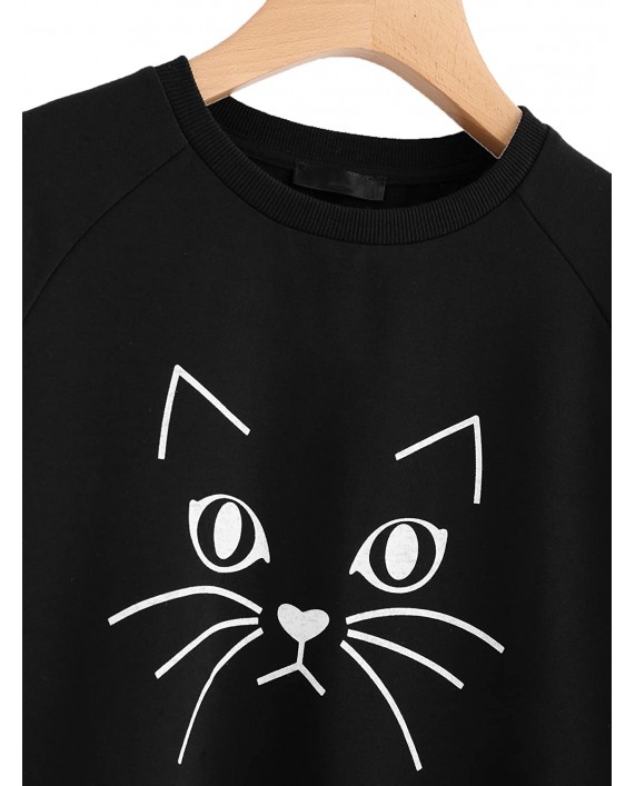 ROMWE Women's Cat Print Lightweight Sweatshirt Long Sleeve Casual Pullover Shirt at Women’s Clothing store