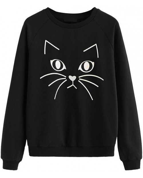 ROMWE Women's Cat Print Lightweight Sweatshirt Long Sleeve Casual Pullover Shirt at  Women’s Clothing store