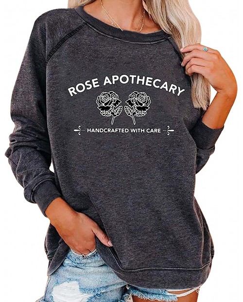 Rose Apothecary Shirts for Women Rose Printed Novelty Shirt Handcrafted with Care Long Sleeve Tops Sweatshirt Pullover