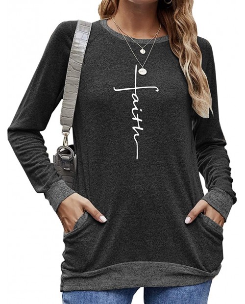 Ruwoat Faith Print Long Sleeve O-Neck T Shirts Blouses Sweatshirts with Pocket Women at Women’s Clothing store