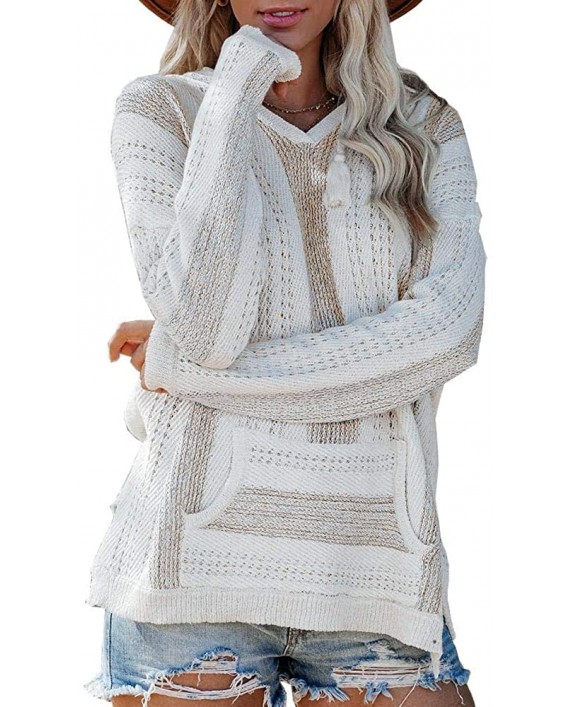 Sixmomy Womens Baja Hoodie Striped Pullover Boho Drawstring Hooded Sweater with Kangaroo Pocket at Women’s Clothing store