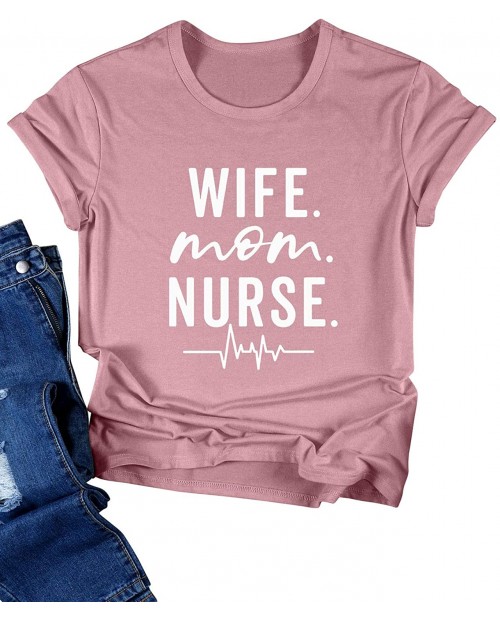 SLEITY Women Wife Mom Nurse Tee Shirt Funny Letter Moms Gift Nurse Tshirt Tops Pockets Sweatshirt