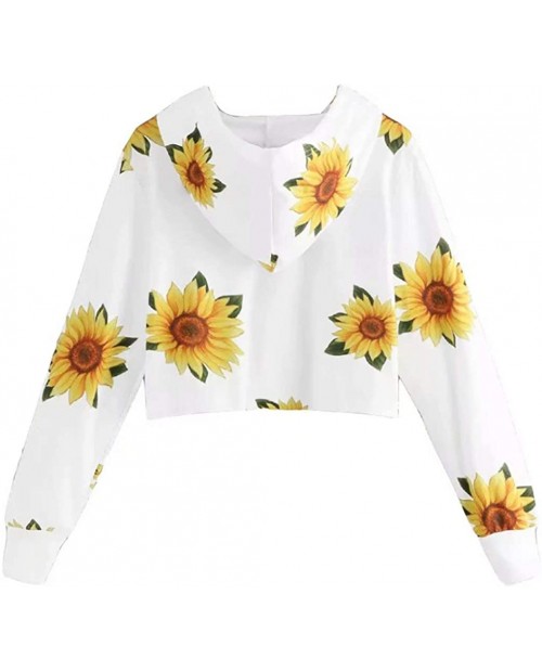 Sunflower Print Drawstring Hoodie Women Cute Floral Graphic Short Pullover Sweatshirt Long Sleeve Fall Casual Crop Top at Women’s Clothing store