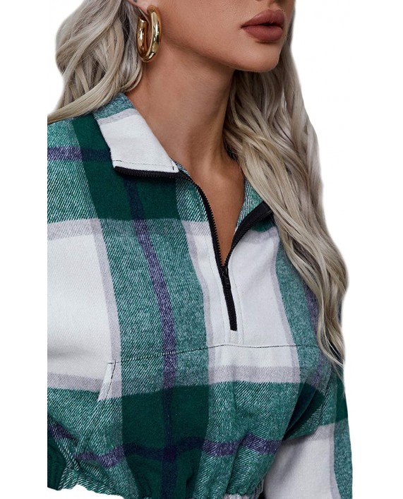 SweatyRocks Women's Half Zipper Long Sleeve Crop Top Casual Plaid Sweatshirt with Pocket at Women’s Clothing store